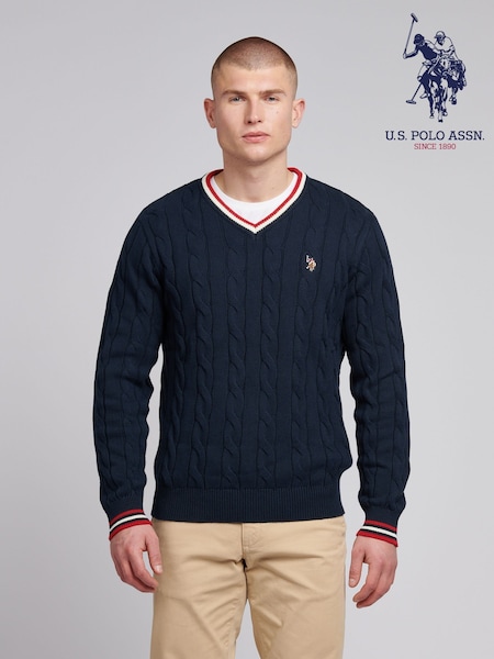 U.S. Polo Assn. Blue Mens Cable Knit Cricket 100% Cotton Jumper (F61755) | £70