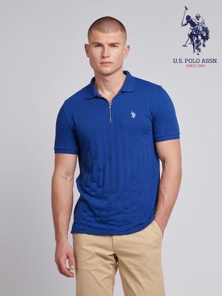 U.S. Polo Assn Blue Mens Stripe Textured Zip Polo Shirt (F61756) | £60