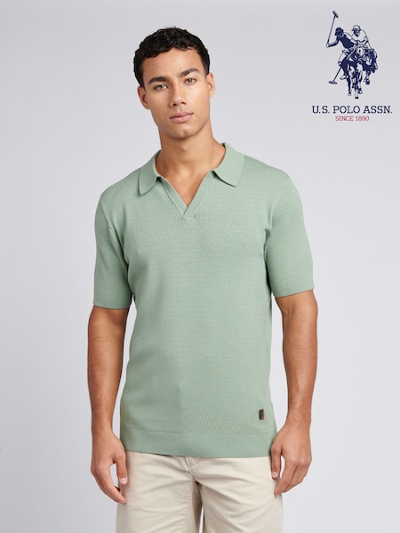 U.S. Polo Assn. Green Mens Texture Open Collar Knit 100% Cotton Polo Shirt (F61761) | £65