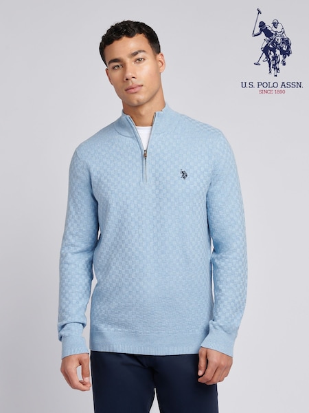 U.S. Polo Assn. Blue Mens Checkerboard Funnel Neck 1/4 Zip Knit Jumper (F61770) | £75