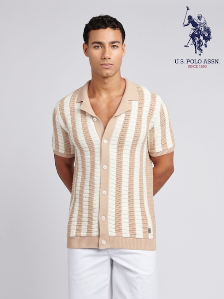 U.S. Polo Assn. Natural Mens Crochet Knit Open Collar 100% Cotton Polo Shirt (F61771) | £80