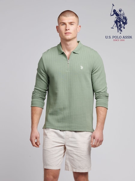 U.S. Polo Assn. Green Mens Texture Zip Long Sleeve 100% Cotton Polo Shirt (F61773) | £70