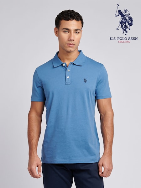 U.S. Polo Assn. Blue Mens Double Horsemen Jersey 100% Cotton Polo Shirt (F61789) | £40