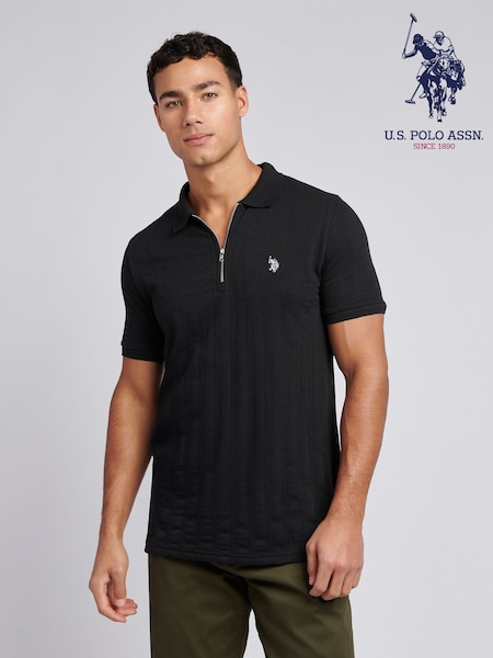 U.S. Polo Assn Black Mens Stripe Textured Zip Polo Shirt (F61831) | £60