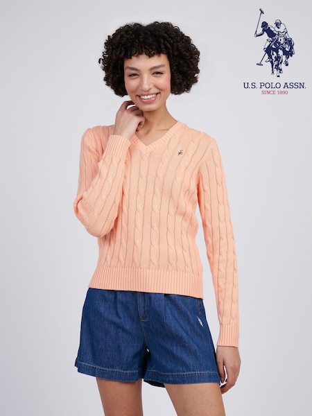 U.S. Polo Assn. Orange Womens V-Neck Cable Knit Jumper (F61861) | £60