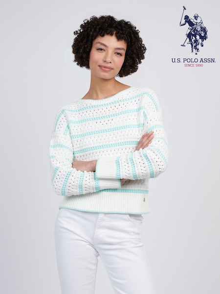 U.S. Polo Assn Blue Womens Stripe Open Knit Cable 100% Cotton Jumper (F61864) | £70
