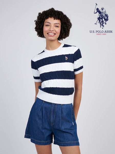 U.S. Polo Assn Blue Womens Stripe Loose Cable Knit Short Sleeve 100% Cotton Jumper (F61874) | £60