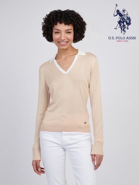 U.S. Polo Assn Natural Womens Open Neck Long Sleeve Knit Polo Jumper (F61882) | £60