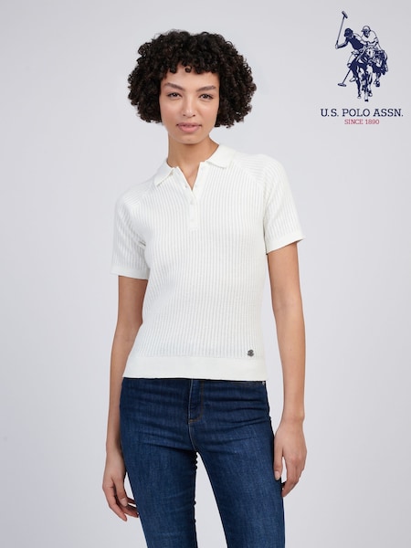 U.S. Polo Assn Cream Womens Vertical Texture Stripe Knit Polo Shirt (F61895) | £65