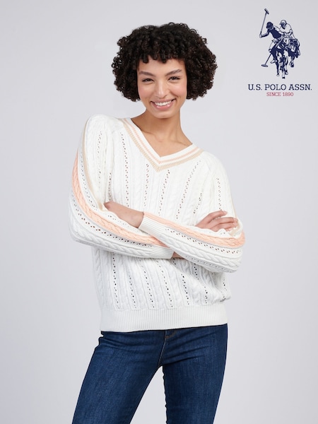 U.S. Polo Assn Cream Womens Open Knit Cable Cricket 100% Cotton Jumper (F61897) | £75