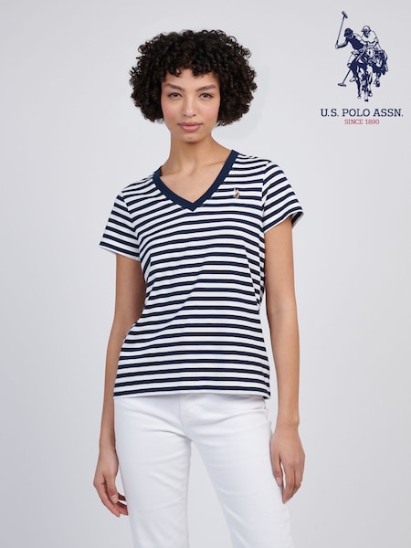 U.S. Polo Assn. Navy Blue Womens Stripe V-Neck 100% Cotton T-Shirt (F61903) | £28