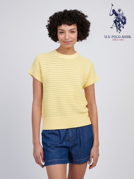 U.S. Polo Assn Yellow Womens Open Knit Short Sleeve 100% Cotton Crochet Jumper (F61910) | £60