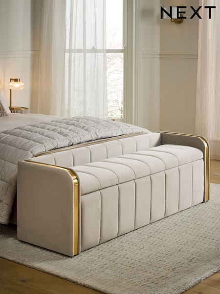 Soft Velvet Pebble Natural Myla Wood and Upholstered Storage Ottoman Bench (F62140) | £330 - £355