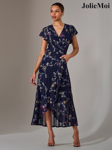 Jolie Moi Blue Mesh Frill Hem Maxi Dress (F62174) | £78