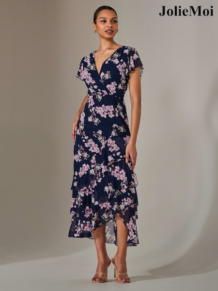 Jolie Moi Blue Printed Wrap Ruffle Maxi Dress (F62185) | £75