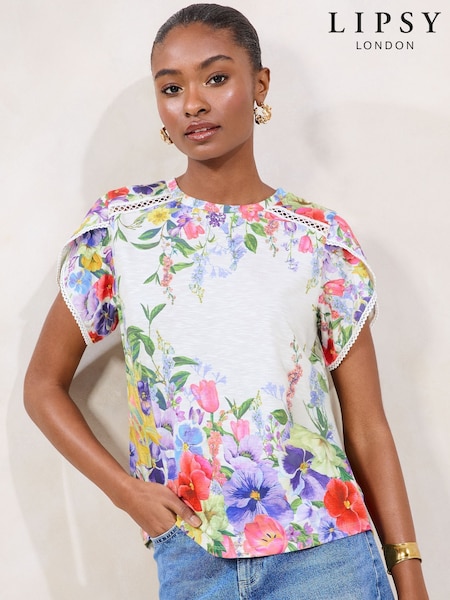 Lipsy Purple Printed Tulip Sleeve Detail T-Shirt (F62194) | £32