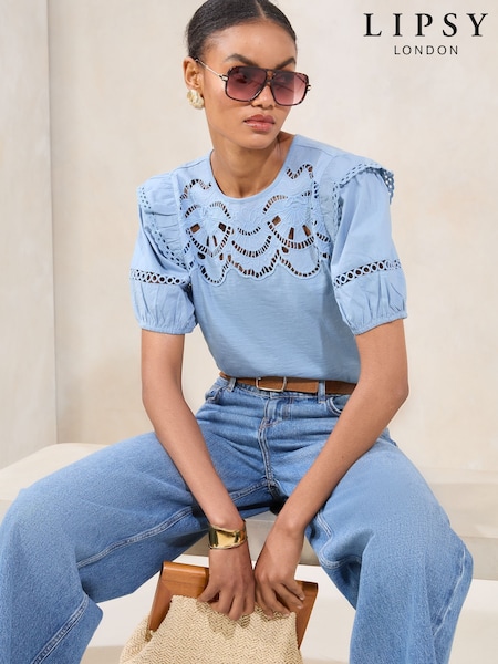 Lipsy Blue Broderie Puff Sleeve T-Shirt (F62200) | £36