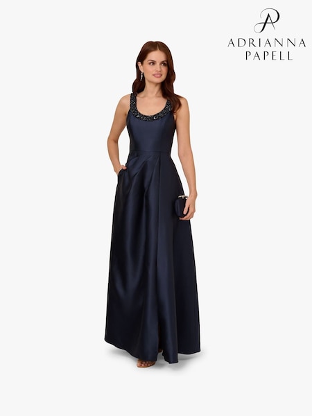 Adrianna Papell Blue Beaded Mikado Gown (F62216) | £249