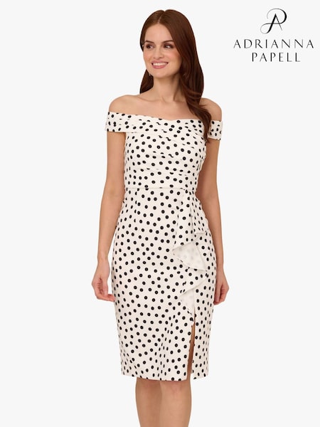 Adrianna Papell Polkadot Drape Sheath White Dress (F62222) | £169