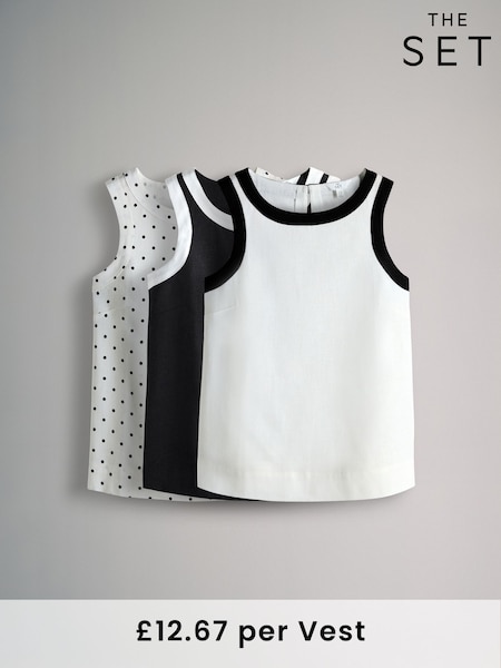 Black/White/Spot Piped Linen Blend Shell Tops 3 Pack (F62314) | £38