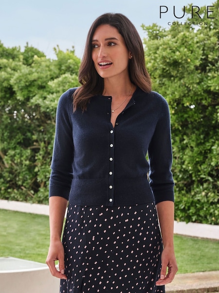 Pure Collection Blue 3/4 Sleeve Cashmere Cropped Crew Neck Cardigan (F62336) | £125