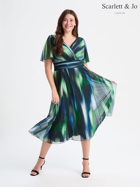 Scarlett & Jo Dark Green Victoria Ikat Print Angel Sleeve Mesh Midi Dress (F62397) | £85