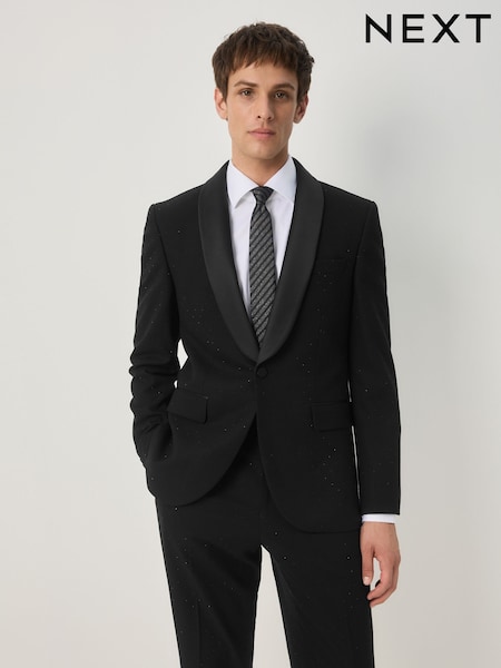 Black Slim Fit Sequin Tuxedo Suit Jacket (F62413) | £89