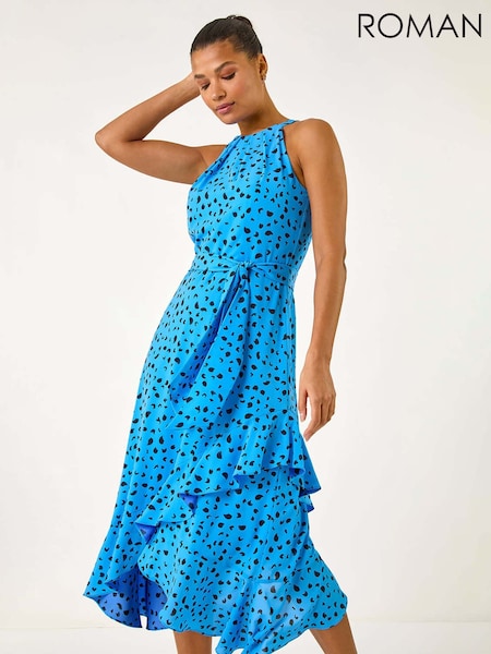 Roman Blue Spot Print Frill Hem Halter Dress (F62434) | £68