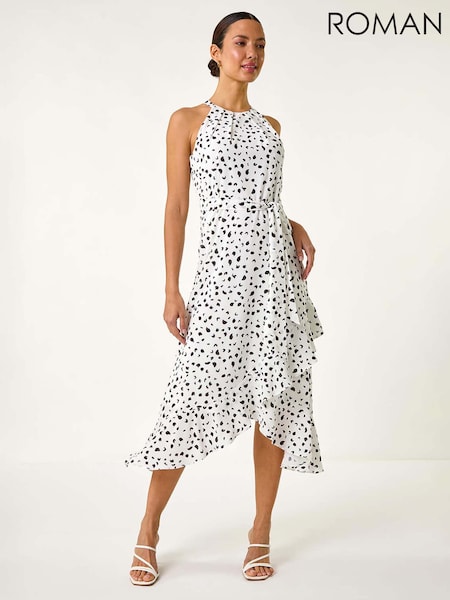Roman White Spot Print Frill Hem Halter Dress (F62440) | £68