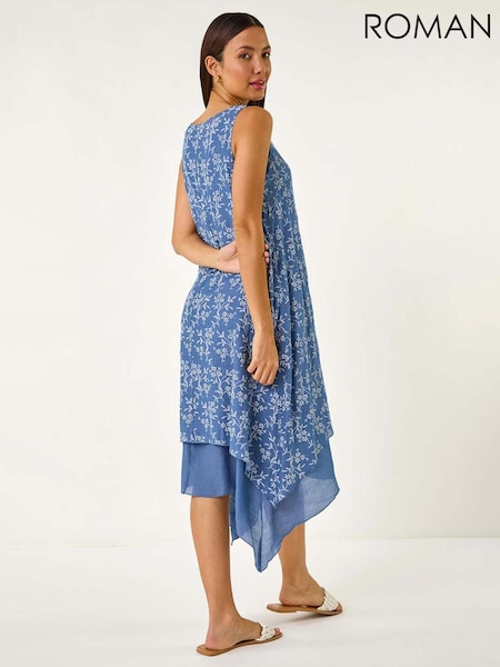 Roman Blue Floral Print Double Layer Shift Dress (F62441) | £42