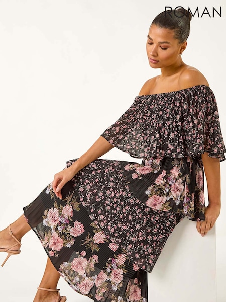 Roman Black Bardot Ditsy Floral Midi Dress (F62450) | £68
