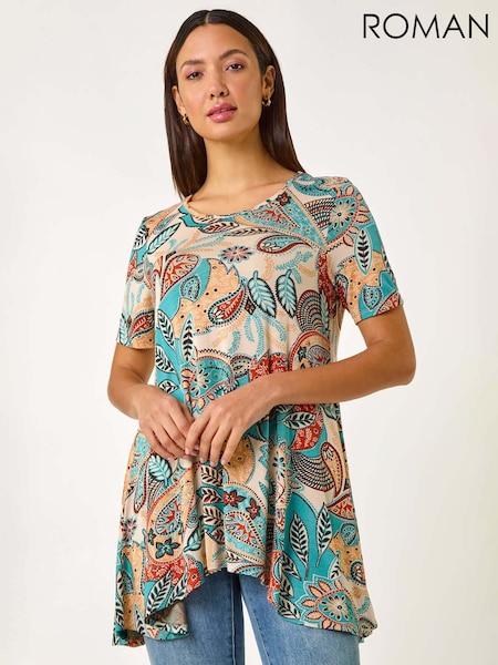 Roman Blue Floral Print Hanky Hem Tunic Top (F62453) | £32