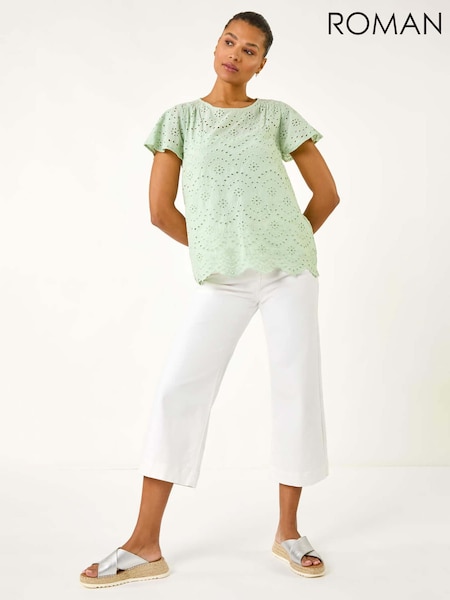 Roman Green Broderie Short Sleeve 100% Cotton Top (F62457) | £36
