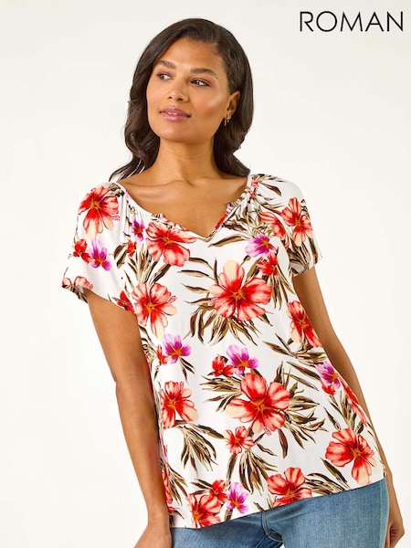 Roman Red Floral Print Notch Neck Stretch Top (F62460) | £32