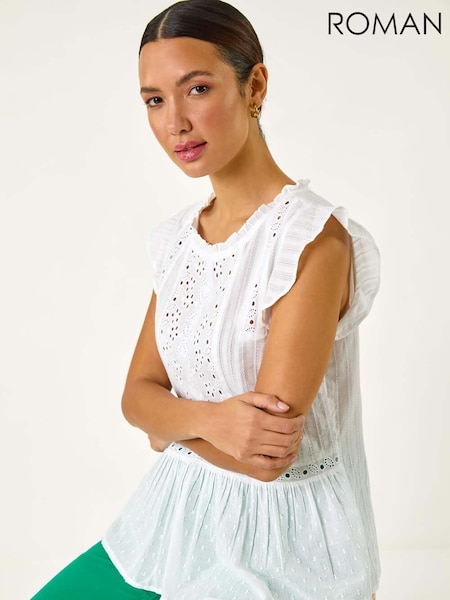 Roman White Broidery Frill Sleeve 100% Cotton Top (F62461) | £32