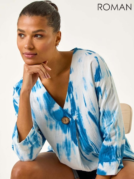 Roman Blue 100% Cotton Tie Dye Button Detail Top (F62468) | £36