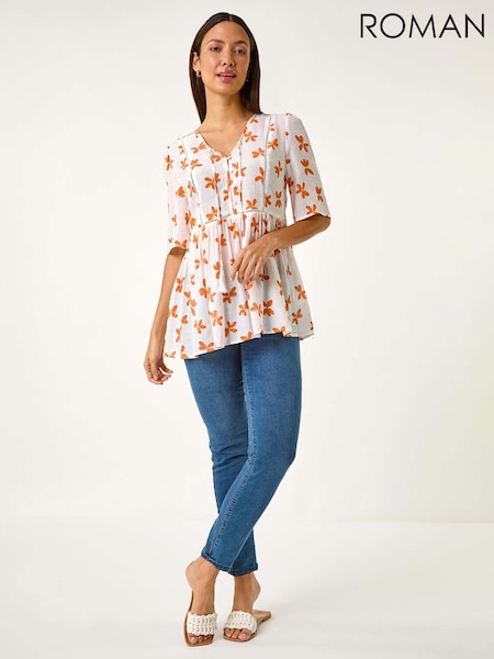 Roman Orange Floral Print Boho Smock Top (F62482) | £40