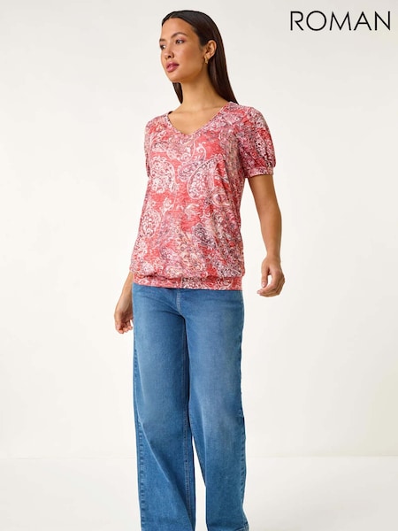 Roman Red Paisley Burnout Blouson Top (F62486) | £36