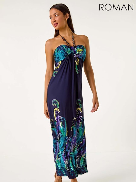 Roman Blue Paisley Beaded Necklace Bandeau Maxi Dress (F62604) | £58