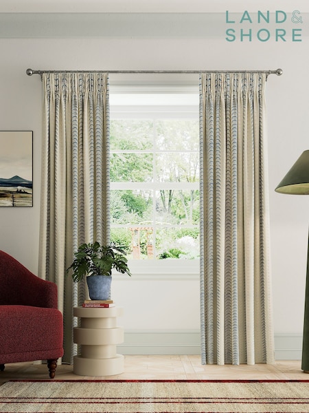Land & Shore Blue Red Fintra Stripe Lined Pencil Pleat Curtains (F62626) | £95 - £150