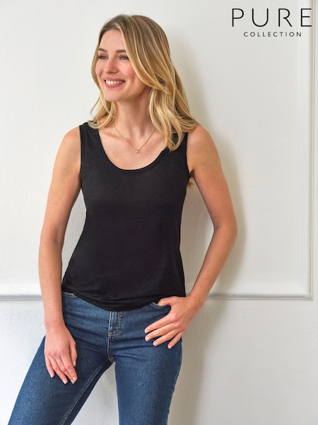 Pure Collection Luxury 100% Linen Black Vest with Coverstitch Detail & Shaped Hemline (F62769) | £40