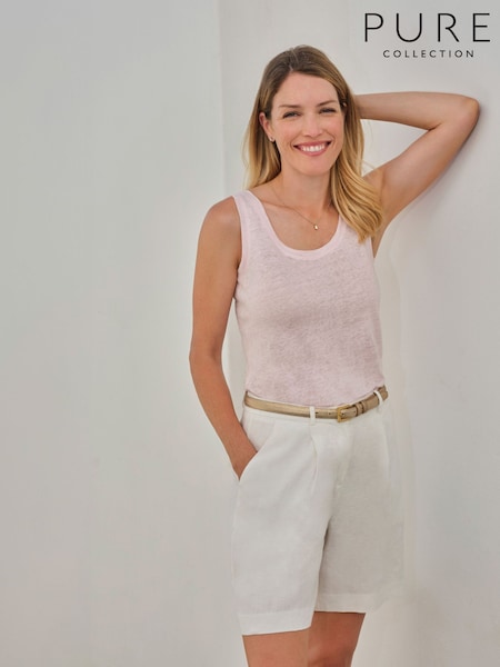 Pure Collection Pink Luxury 100% Linen Vest with Coverstitch Detail & Shaped Hemline (F62773) | £40