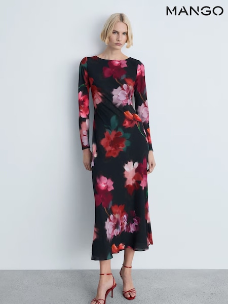 Mango Black Floral-Print Midi-Dress (F62817) | £80