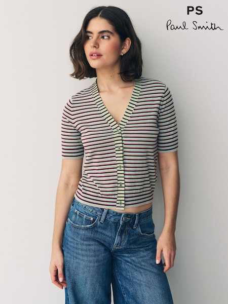 PS Paul Smith Blue Stripe Knitted V-Neck Short Sleeve Cardigan (F62850) | £240
