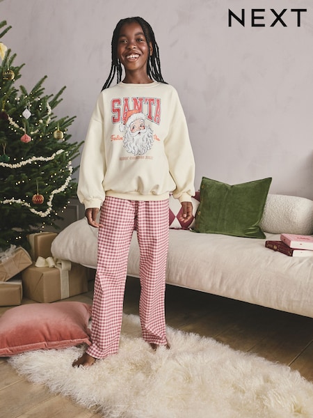 Red/Ecru Santa Sweatshirt Pyjamas (2-16yrs) (F63001) | £18 - £23