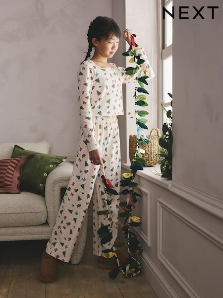 Cream Rib Christmas Print Wide Leg Pyjamas (5-16yrs) (F63004) | £14 - £22