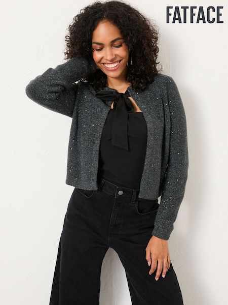 FatFace Jasmine Charcoal Grey Sparkle Tie Front Knitted Cardigan (F63155) | £58
