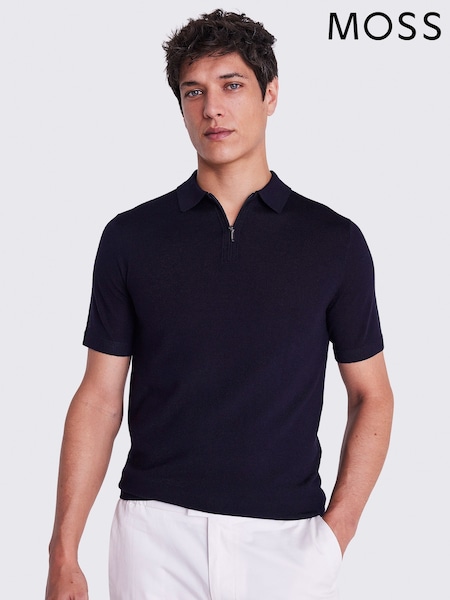 MOSS Blue Light Merino Quarter Zip Polo Shirt (F63161) | £50