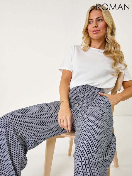 Roman Blue Petite Geometric Wide Leg Trousers (F63190) | £36