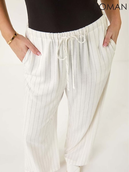 Roman White Petite Linen Elastic Waist Trousers (F63195) | £40